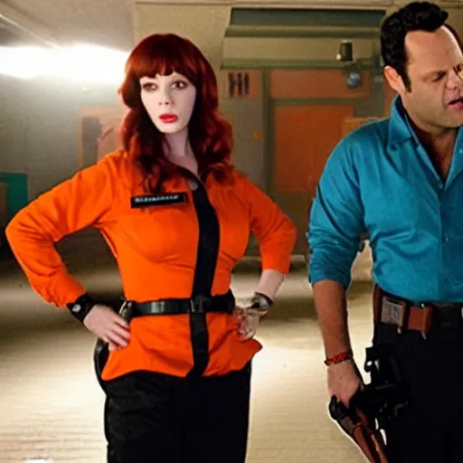 Image similar to vince vaughn as jack fenton, he is wearing an orange coveralls bodysuit with a black neck and a big gun belt, and christina hendricks as maddie fenton, she is wearing a tight teal coveralls bodysuit with a black neck and a big gun belt, movie photo, spooky netflix still shot, they are looking for ghosts