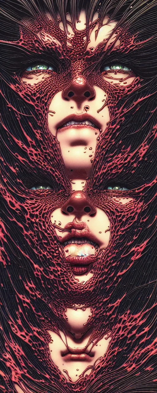 Image similar to closeup of face melting in agony, inside a frame on a tiled wall, frontal picture, by yoichi hatakenaka, masamune shirow, josan gonzales and dan mumford, ayami kojima, takato yamamoto, karol bak