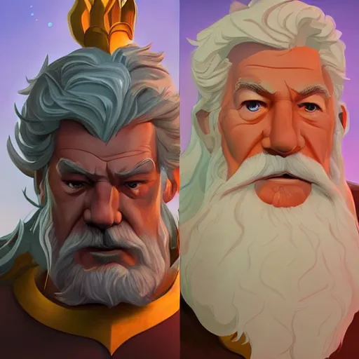 Prompt: Portrait of Ian McKellen as Zeus, the greek god, mattepainting concept Blizzard pixar maya engine on stylized background splash comics global illumination lighting artstation lois van baarle, ilya kuvshinov, rossdraws