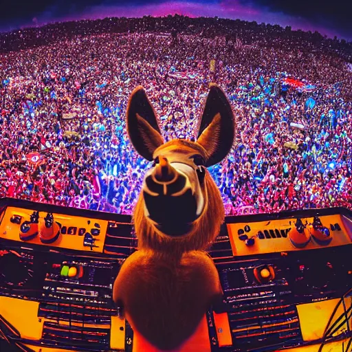 Image similar to A DJ donkey on the tomorrowland stage, 8k, hyper-detailed