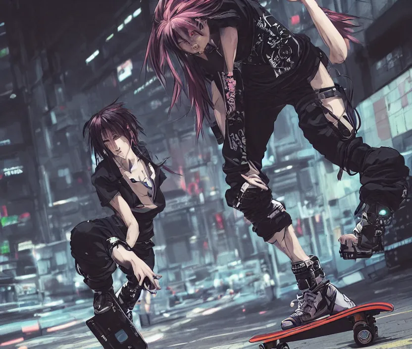 Image similar to hyper - realistic cyberpunk anime woman flip skateboard, sport, action tokyo street, extreme detail, good face, model, concept art, in style of yoji shinkawa, pan ren wei, col price, atey ghailan, by greg rutkowski, aesthetic