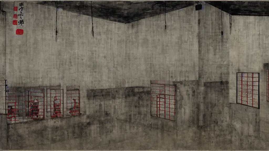 Prompt: a chinese prison near a river by peter doig, muted grey colors, overlaid with chinese adverts