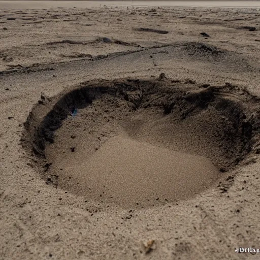 Image similar to deep dark hole on a sandy mississippi beach, no trees no palm trees, no rocks.