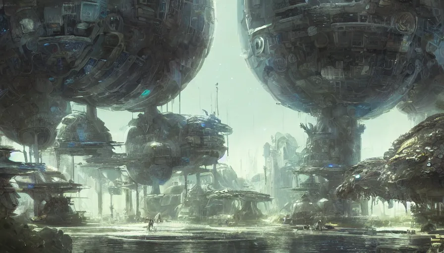 Image similar to craig mullins and studio ghibli illustration of futuristic society living in an exosphere structure, science fiction landscape, animals around a fountain in the center, ufos scattered above, clouds, unreal engine, hyper realism, realistic shading, cinematic composition, realistic render, octane render, detailed textures, photorealistic, wide shot
