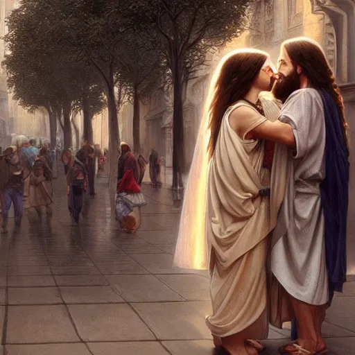 Image similar to jesus kissing a woman in a street, elegant, highly detailed, digital painting, artstation, concept art, matte, sharp focus, highly detailed, 4 k, hdr, smooth, sharp focus, high resolution, award - winning photo, photorealistic, art by artgerm and greg rutkowski and alphonse mucha, large shot