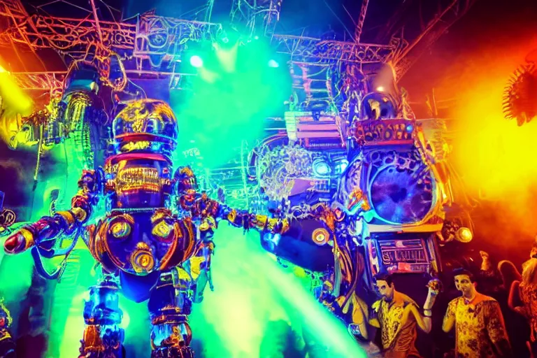 Prompt: scene is elrow party in amnesia in ibiza, portrait photo of a giant huge golden and blue metal steampunk robot, with gears and tubes, eyes are glowing red lightbulbs, audience selfie, shiny crisp finish, 3 d render, 8 k, insaneley detailed, fluorescent colors, haluzinogetic, background is multicolored lasershow