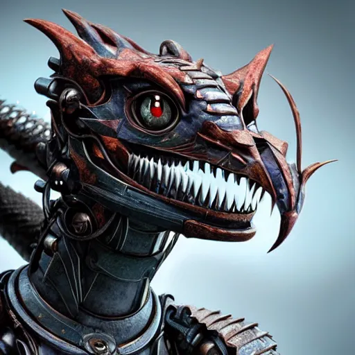 Prompt: a highly detailed close-up bust, of a beautiful cute anthropomorphic robot female dragon, with smooth and streamlined mechanical armor, standing and posing elegantly in front of the camera, well detailed head with two LED eyes, sharp teeth, two arms, digital art, artstation, DeviantArt, professional, octane render, sunset lighting