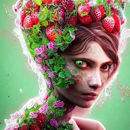 Image similar to the portrait of an absurdly beautiful, graceful, elegant, young woman made of strawberries and green petals, an ultrafine hyperdetailed illustration by kim jung gi, irakli nadar, intricate linework, bright colors, octopath traveler, final fantasy, angular, unreal engine 5 highly rendered, global illumination, radiant light, detailed and intricate environment