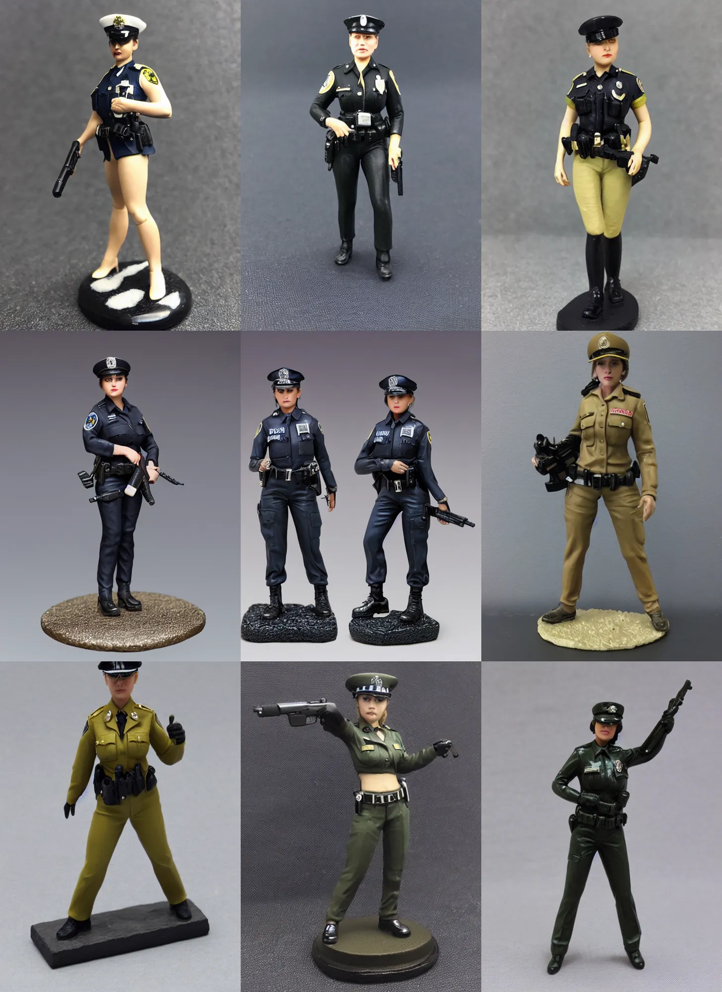 Prompt: 80mm resin detailed miniature of a female cop, full body, hair, shoes, police cap, Logo, textured base; Product Introduction Photos, 4K, view from front