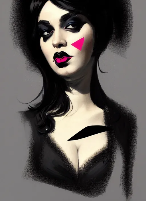 Prompt: portrait of a plump woman with a crooked nose and a confident expression, 1 9 6 0 s, black clothes, goth, punk, brightly coloured hair, funk, intricate, elegant, highly detailed, digital painting, artstation, concept art, smooth, sharp focus, illustration, art by wlop, mars ravelo and greg rutkowski