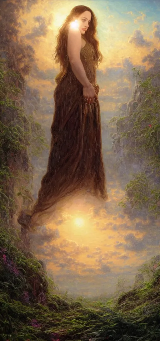 Prompt: Concept Art of cinematography of Terrence Malick film stunning portrait of featuring Kat Dennings as an ancient babylonian priestess, looking at camera, full body portrait, by Thomas Kindkade, masterpiece, Met, award winning, incredible, perfect structure