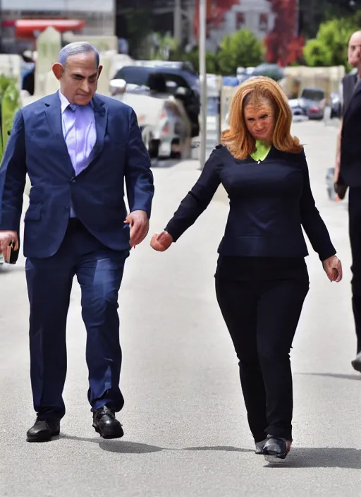 Prompt: midget benjamin netanyahu walking next to giant sarah netanyahu