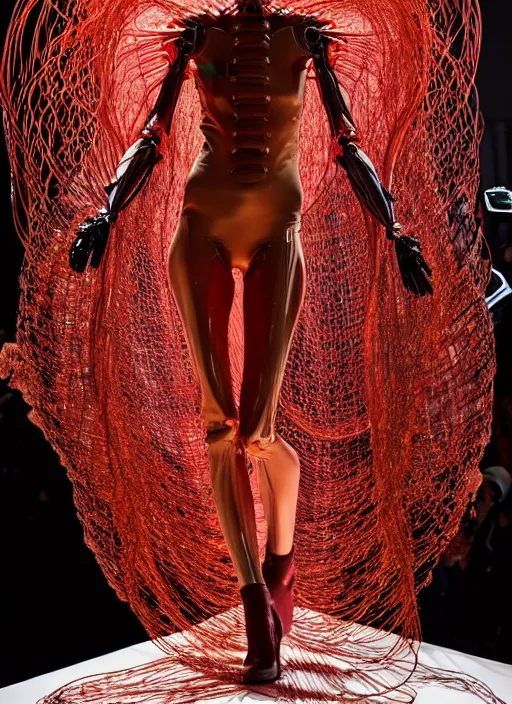 Image similar to walking down the catwalk, steven klein, mert alas and marcus piggott, show, stage, vogue photo, podium, fashion show photo, iris van herpen, beautiful woman, full body shot, masterpiece, inflateble shapes, giger, plant predator, guyver, jellyfish, wires, veins, biomechanical details, bionic cyborg implants, colourfull