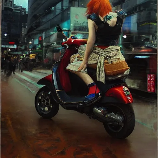 Prompt: the redhead vespa queen in hong kong, oil on canvas by ruan jia and yoshitaka amano