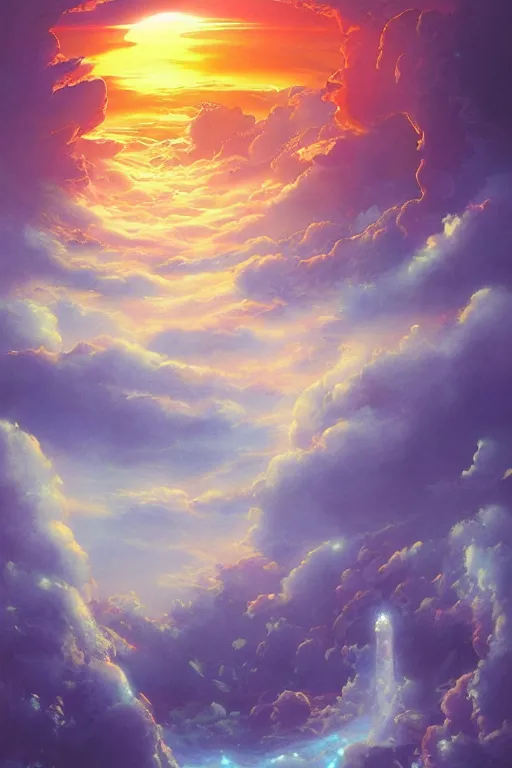 Image similar to the portal to heaven by hiroshi yoshida and moebius and loish and artgerm, painterly, symmetrical, ultra detailed, hyper realistic, illustration, sunset lighting