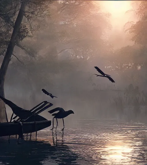 Image similar to three long legs crows in a little boat in a swamp, volumetric lighting, majestic light, octane render, ethereal glare of the sun, hyperrealistic, epic, masterpiece, by greg rutkowski