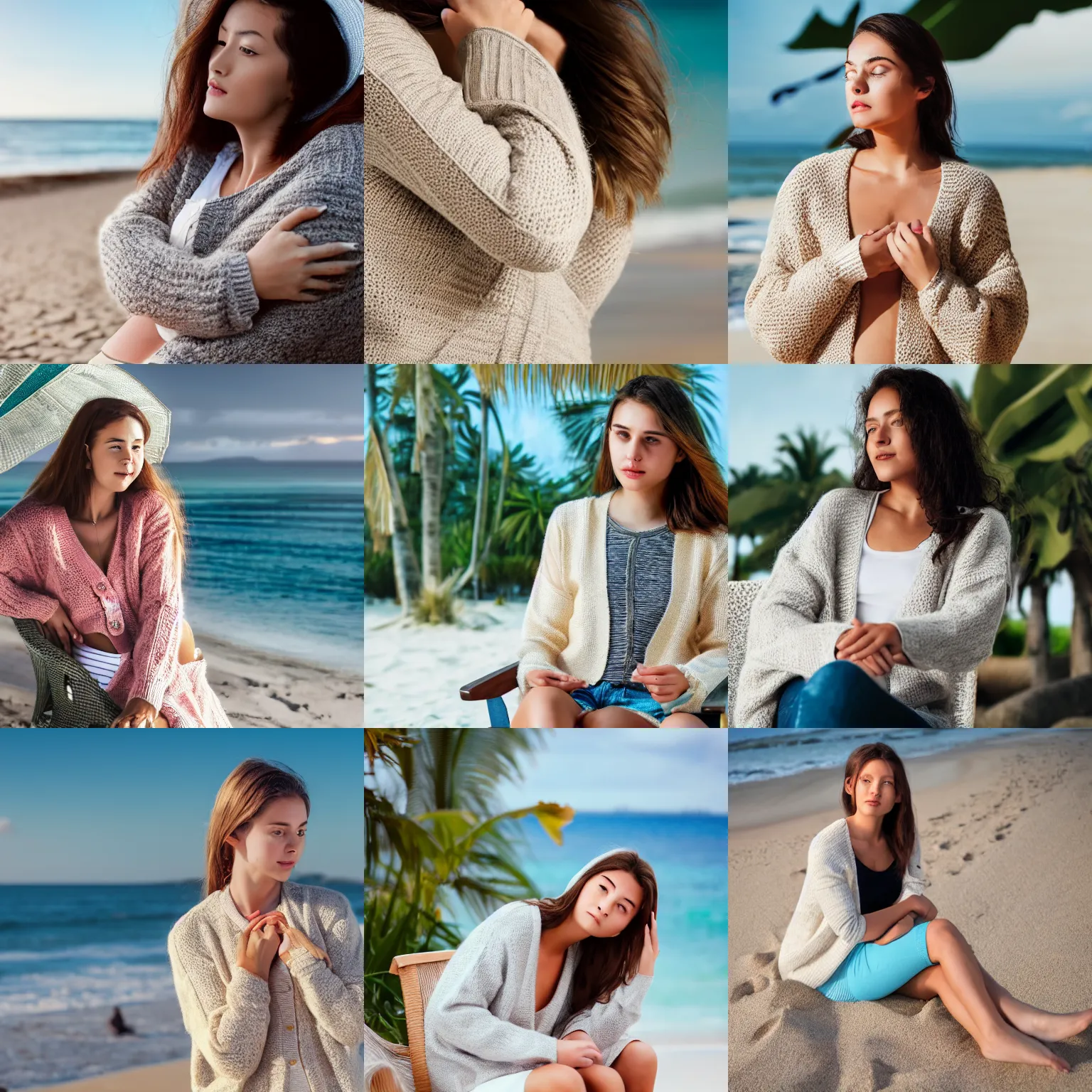 Prompt: a young woman wearing a thick knit sweater and cardigan, she is shivering cold with her arms crossed across her chest, in a lounge chair on a tropical beach in summer, photorealistic, trending photo, 4k, 8k