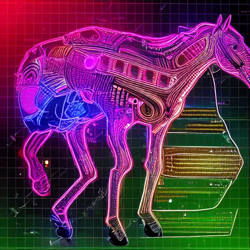 Prompt: digital horse, artificial being, glowing circuitboard patterns, retrowave palette, highly detailed, anatomically correct equine, synth feel, digital art