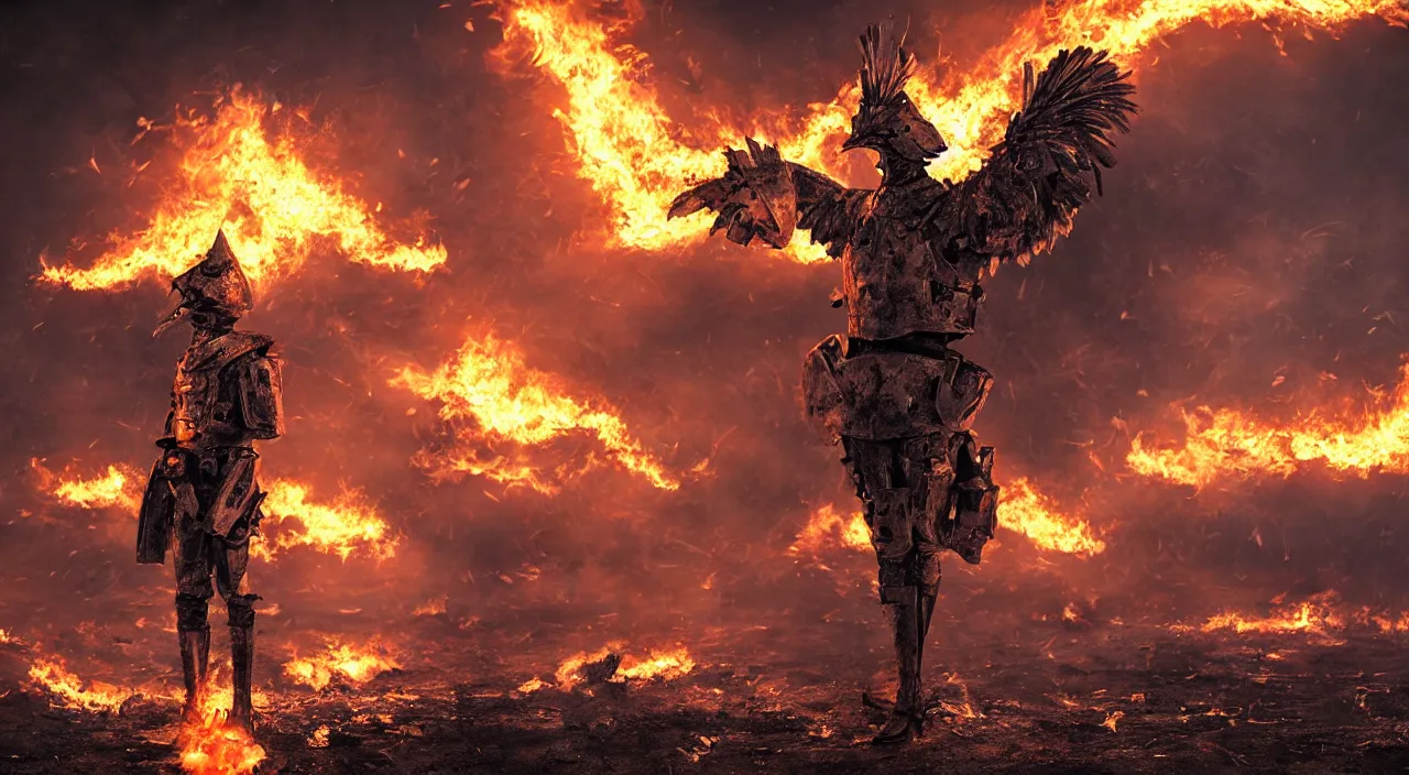 Prompt: chicken wearing suit of armor standing alone in war-torn battlefield with background flames, sharp focus, concept art, elegant, highly detailed, beautiful lighting, distant shot