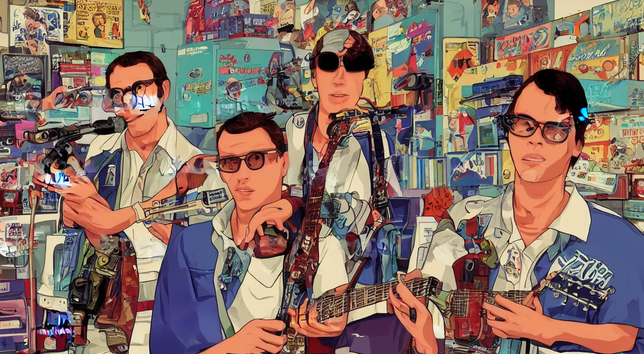 Image similar to GTA V illustration of 1980s nerdy teen on the cover of GTA V, in a 1980s music store