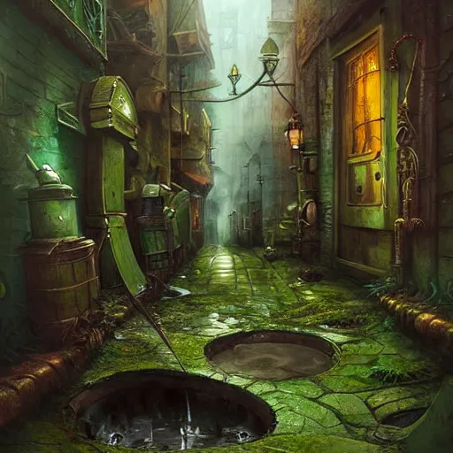 Image similar to anthropomorphic green puddle with an angry sneer lurking in a damp alleyway , concept art, painting by Justin Gerard