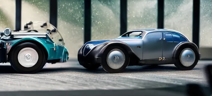 Image similar to a single bugatti type 5 7 sc atlantic and delorean hybrid, dslr, volumetric lighting