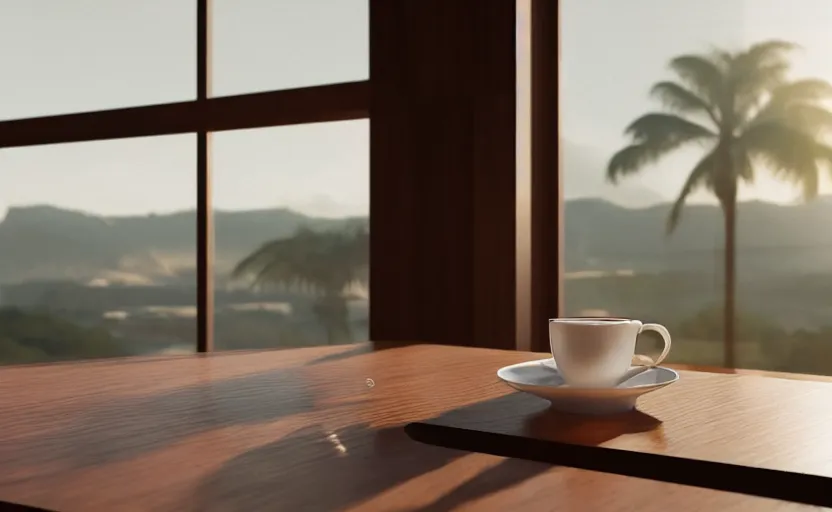 Prompt: a cup of coffee on a cafe table near a window with view to the sunrise, concept art, octane render, unreal engine 5, trending on artstation, high quality, highly detailed, path traced, high coherence, hyperrealistic, godrays, serene scene, soft lighting, macro photo