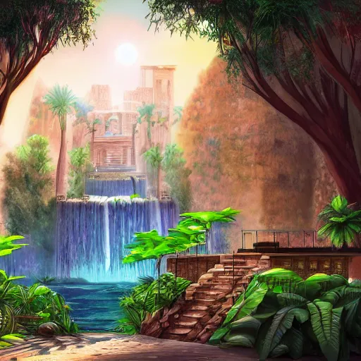 Image similar to a ancient egyptian city with plants and waterfalls, digital art retrowave art,trending on art station