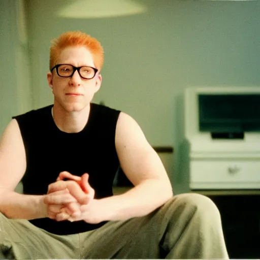 Image similar to color 35mm film still of Anthony Rapp, figure portrait