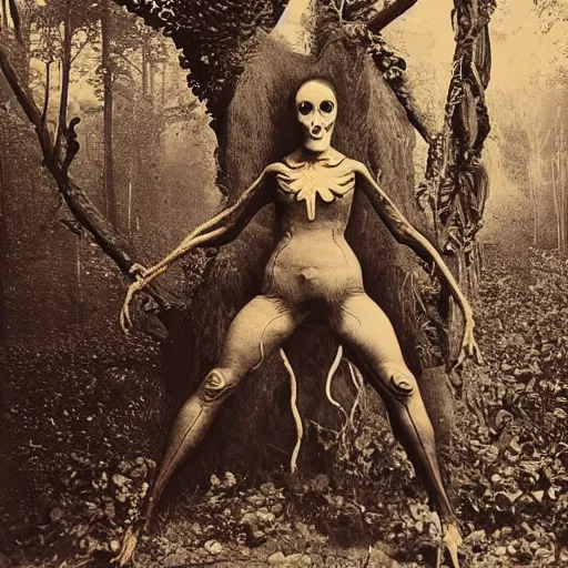 Image similar to 1860 photo of an old freak show body spider-woman, on the middle of a forest, spooky , veins, arteries, intricate, golden ratio, full frame, elegant, highly detailed, ornate, ornament, sculpture, elegant , luxury, beautifully lit, ray trace, 3d, PBR