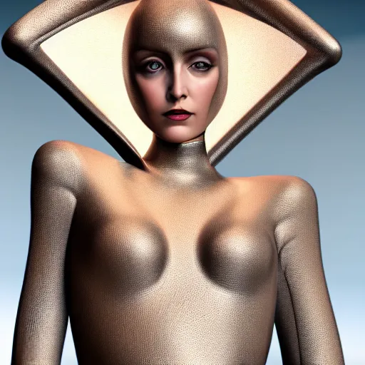 Image similar to dune inspired avant-garde art, deco fashion, highly detailed, photorealistic portrait, white studio setting, studio lighting, crisp quality and light reflections, unreal engine 5 quality render