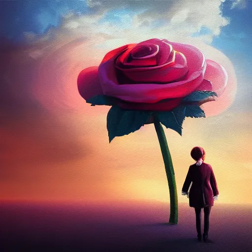 Prompt: closeup, giant rose flower as a head, frontal, girl in a suit, surreal photography, sunrise, dramatic light, impressionist painting, digital painting, artstation, simon stalenhag