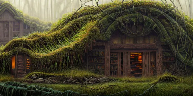 Prompt: painting obsidian rock fortress covered in vines from bladerunner by tomasz alen kopera and cornelius dammrich with futuristic neolithic watermill home by eddie jones and simon stahlenhag