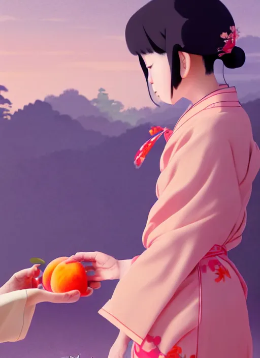 Image similar to painting of a girl wearing a kimono giving a peach to an anthropomorphic asian black bear, featured in artstation, octane render, cinematic, elegant, intricate, 8 k, close up, in the style of studio ghibli and heikala,