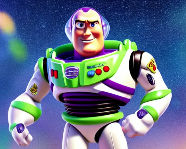 Image similar to Film still close-up shot of Dwayne Johnson as Buzz Lightyear in the movie Toy Story 3. Photographic, photography