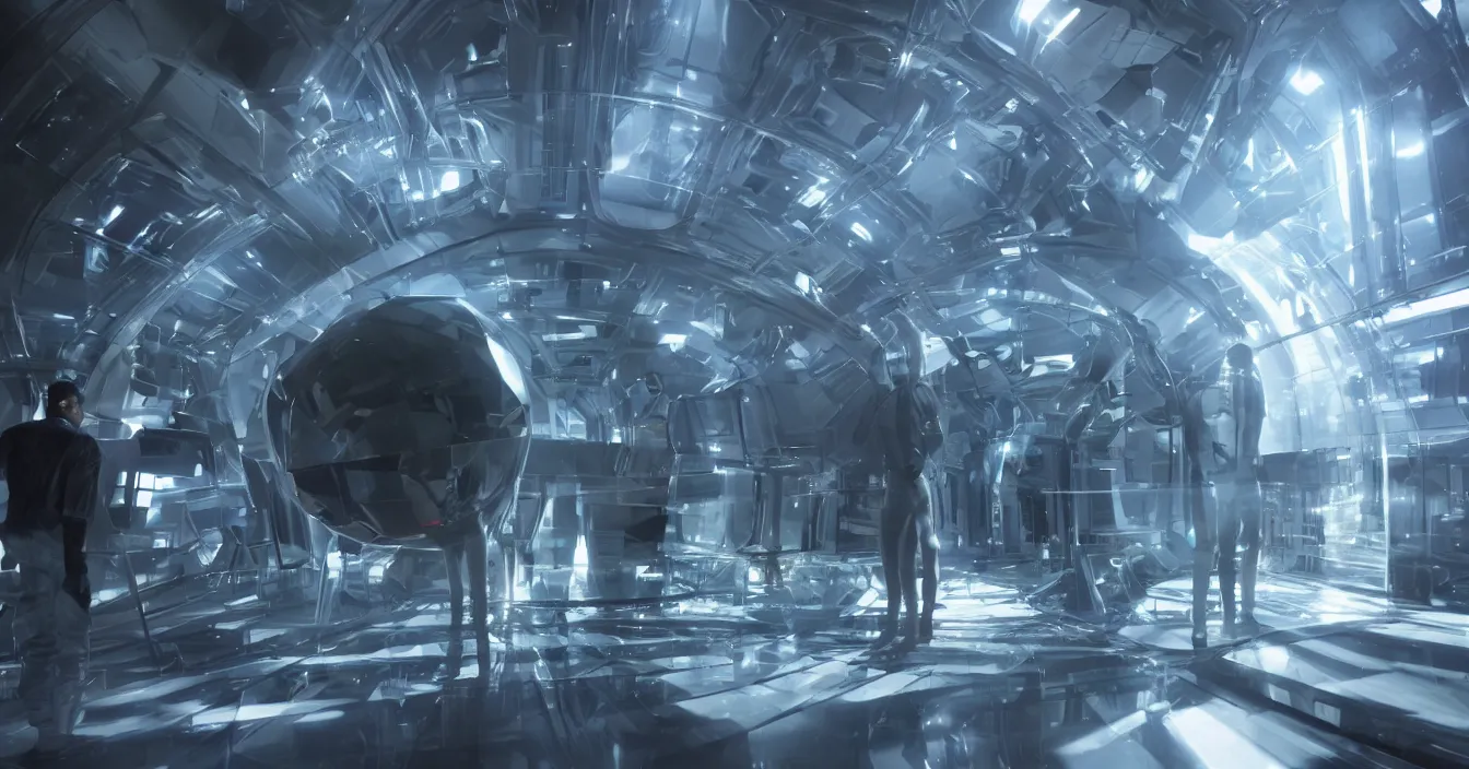 Prompt: realistic image from scifi movie of scientist being sucked into shiny refractive tesseract box, in futuristic laboratory room, difractions of light, full of reflections, volumetric light, dark atmosphere, dramatic cinematic composition, desperate pose, deep depth, defocus, rendered in vray, raytracing, raymarching