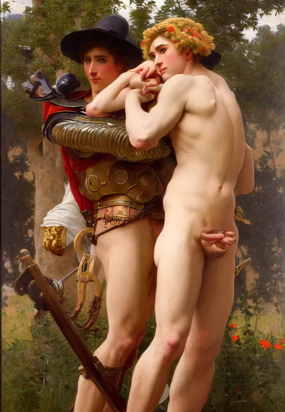 Image similar to attractive handsome fully clothed beck hansen confesses his love for attractive fully armored bjorl. centered composition. highly detailed painting by gaston bussiere and j. c. leyendecker and william adolphe bouguereau and fra angelico and octane render, musee d'orsay 8 k