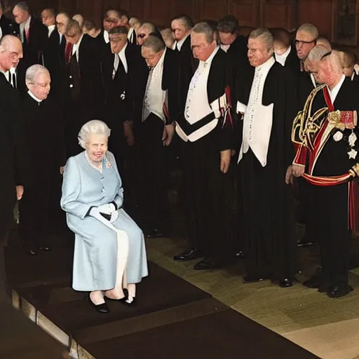 Prompt: queen Elizabeth brought prostrate before the international court at the Hague pleading for mercy h- 512 w- 512