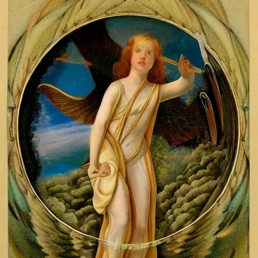 Image similar to angels in a spiral against the sky in the style of Richard Dadd painting