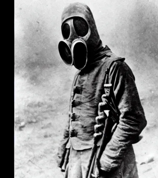 Prompt: a man wearing primitive hooded gas mask at distance, ww1 film photo, grainy, high detail, high resolution