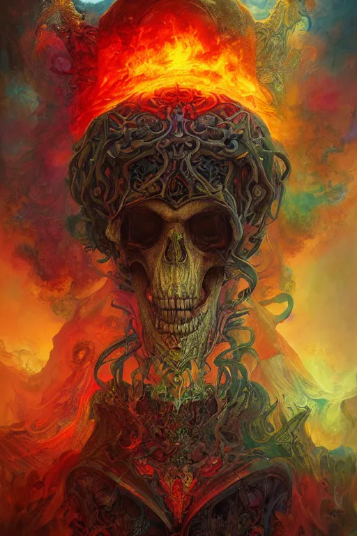 Image similar to gigantic psychedelic demonic cosmic skull of death and fire, fantasy painting, ultra realistic, wide angle, art nouveau, intricate details, digital painting, rainbowshift, vivid colors, highly detailed by peter mohrbacher, h. r. giger, maxfield parrish, craig mullins, octane render, cgi