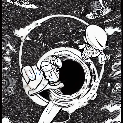Prompt: mcbess illustration of a astronaut drifting to a portal in space