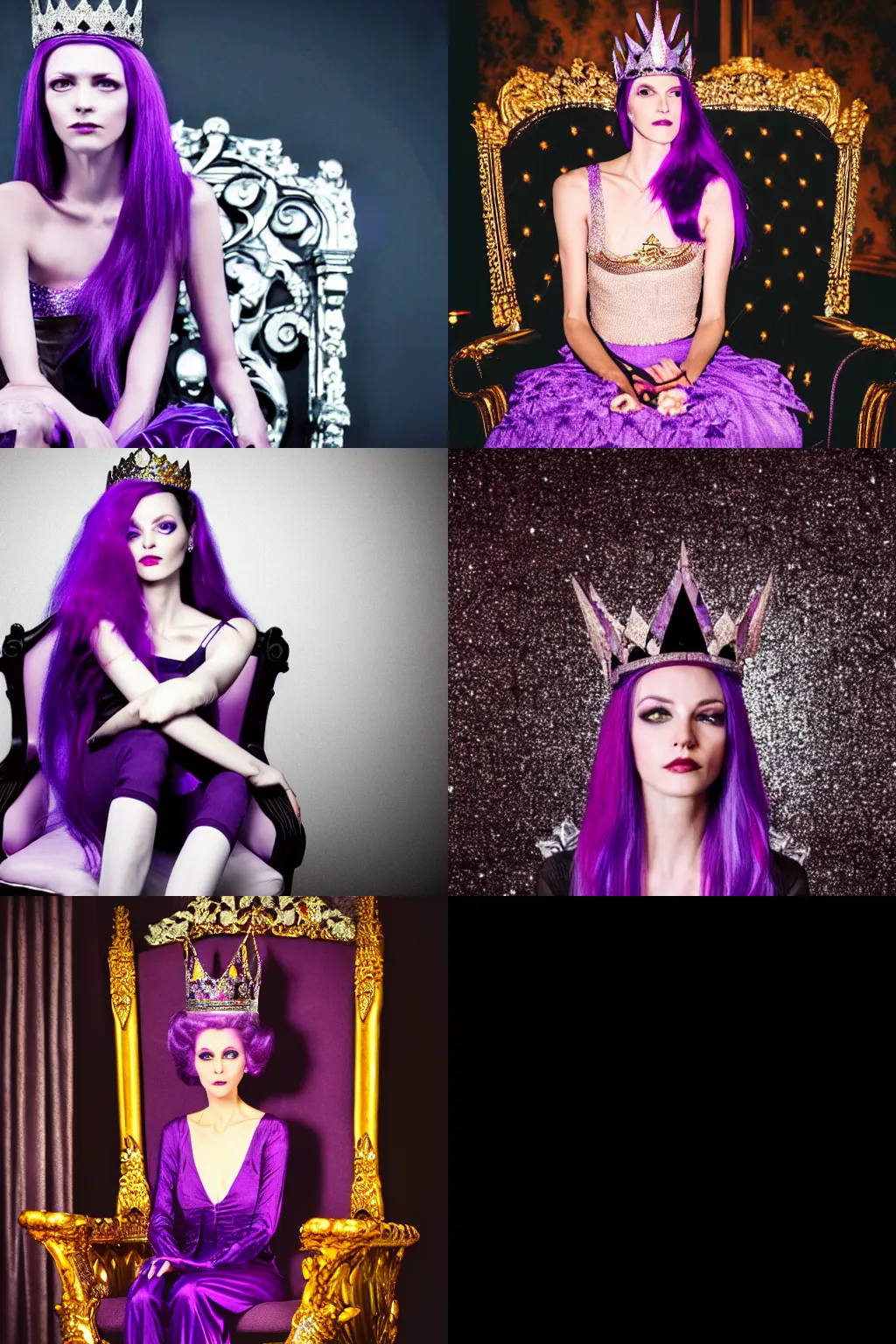 Prompt: A 4k photo of a skinny evil princess woman with purple hair wearing a diamond crown, sitting in a throne in a dark room. Low light
