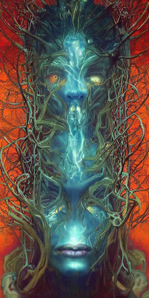 Image similar to intense manic glowing pagan god with ram horns and veins and intense glowing eyes in very dark forest by karol bak and beksinski and alphonse mucha, portrait, fantasy, clear, light beams, lens flare, intense, uhd, red and teal and shining polished gold, amazing depth, cinematic lighting