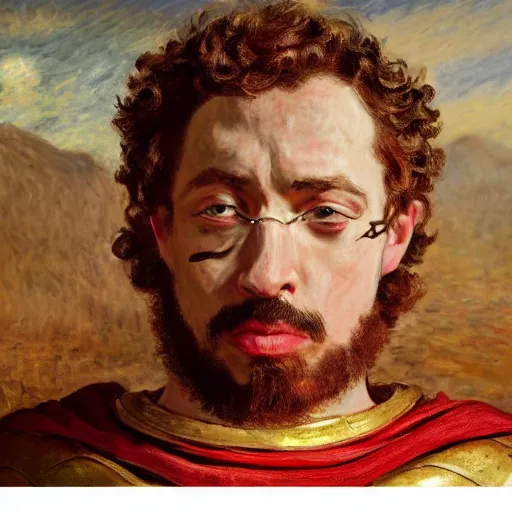 Prompt: Sam Hyde as a Roman warrior wearing gold and red armor, elegant suit, looking at bloody fist, portrait art by Claude Monet, highly detailed, digital painting, concept art, illustration, dim lighting with twilight rays of sunlight, trending on artstation, very detailed, smooth, sharp focus, octane render, close up