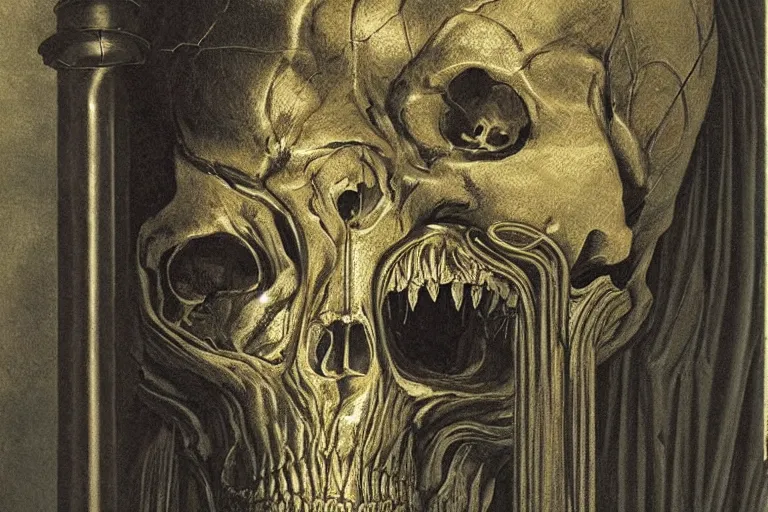 Prompt: intricate, smooth, large metallic skull atop coil of columns, inside a dark room, style by caspar david friedrich and wayne barlowe and ted nasmith.