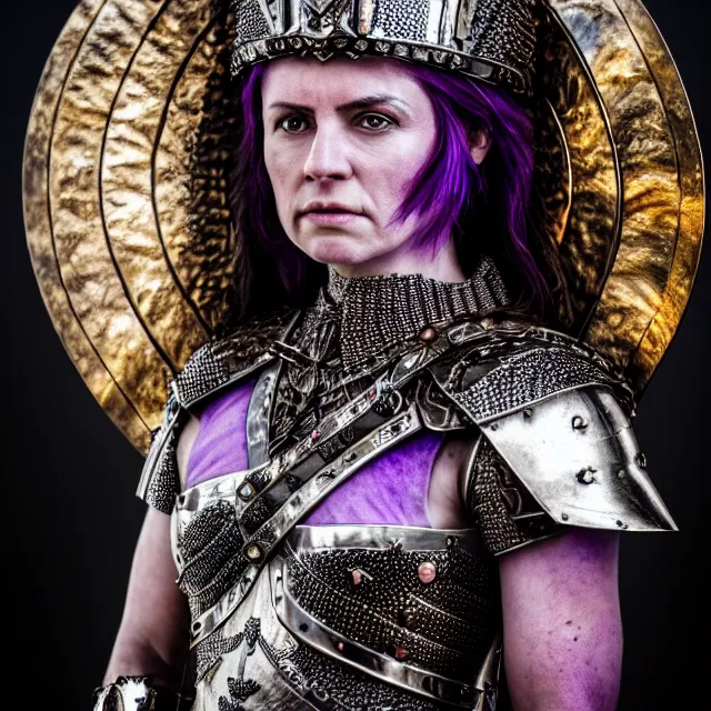 Prompt: photo of a beautiful strong warrior queen wearing amethyst encrusted armour, highly detailed, 4 k, hdr, smooth, sharp focus, high resolution, award - winning photo