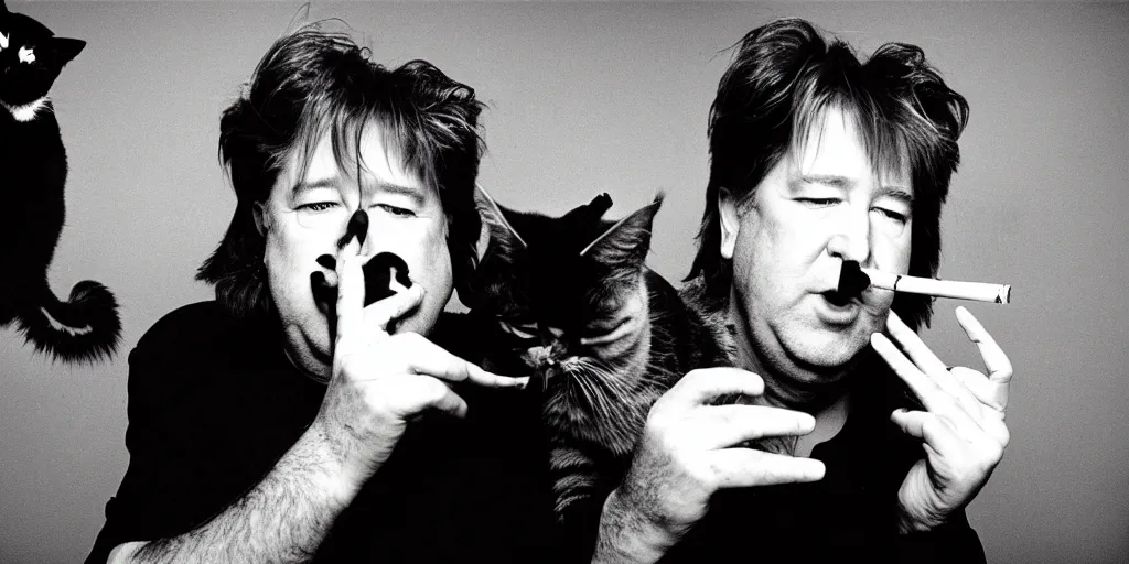 Image similar to award winning photo of BILL HICKS, david lynch, cute cat, smoking weed in new york, vivid colors, happy, symmetrical face, beautiful eyes, studio lighting, wide shot art by gregory crewdson, Sally Mann & Arnold Newman