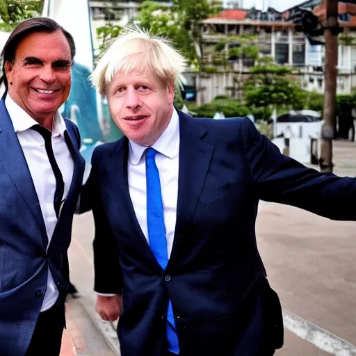 Image similar to Jair Bolsonaro on a date with Boris Johnson, wide angle, hyper realistic, paparazzi photo