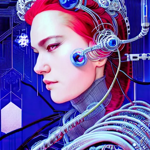 Image similar to high quality, high detailed portrait of a snow queen cyberpunk character in a futuristic world, snow crush. hyperrealism, intricate details, cables, wires, elaborate futuristic crown. connectors led. tristan eaton, victo ngai, artgerm, rhads, ross draws, alphonse mucha, pastel colors, vintage, artstation, vector. 8 k